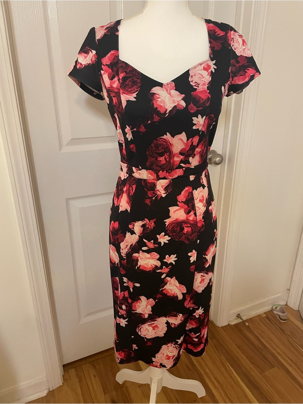 Black Midi Dress with Pink Floral Print